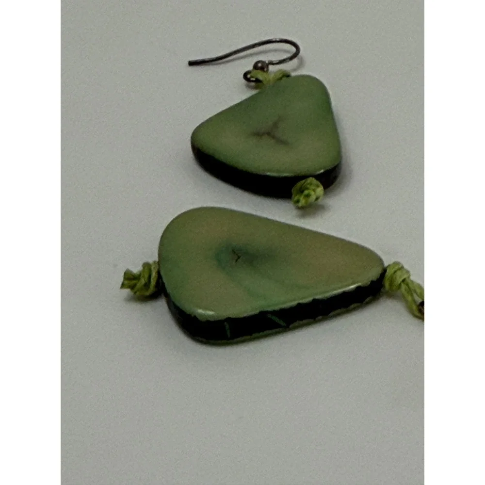 Artisan Tagua Nut Drop Earrings Sage Green Organic Vegetable Ivory Boho Dangle